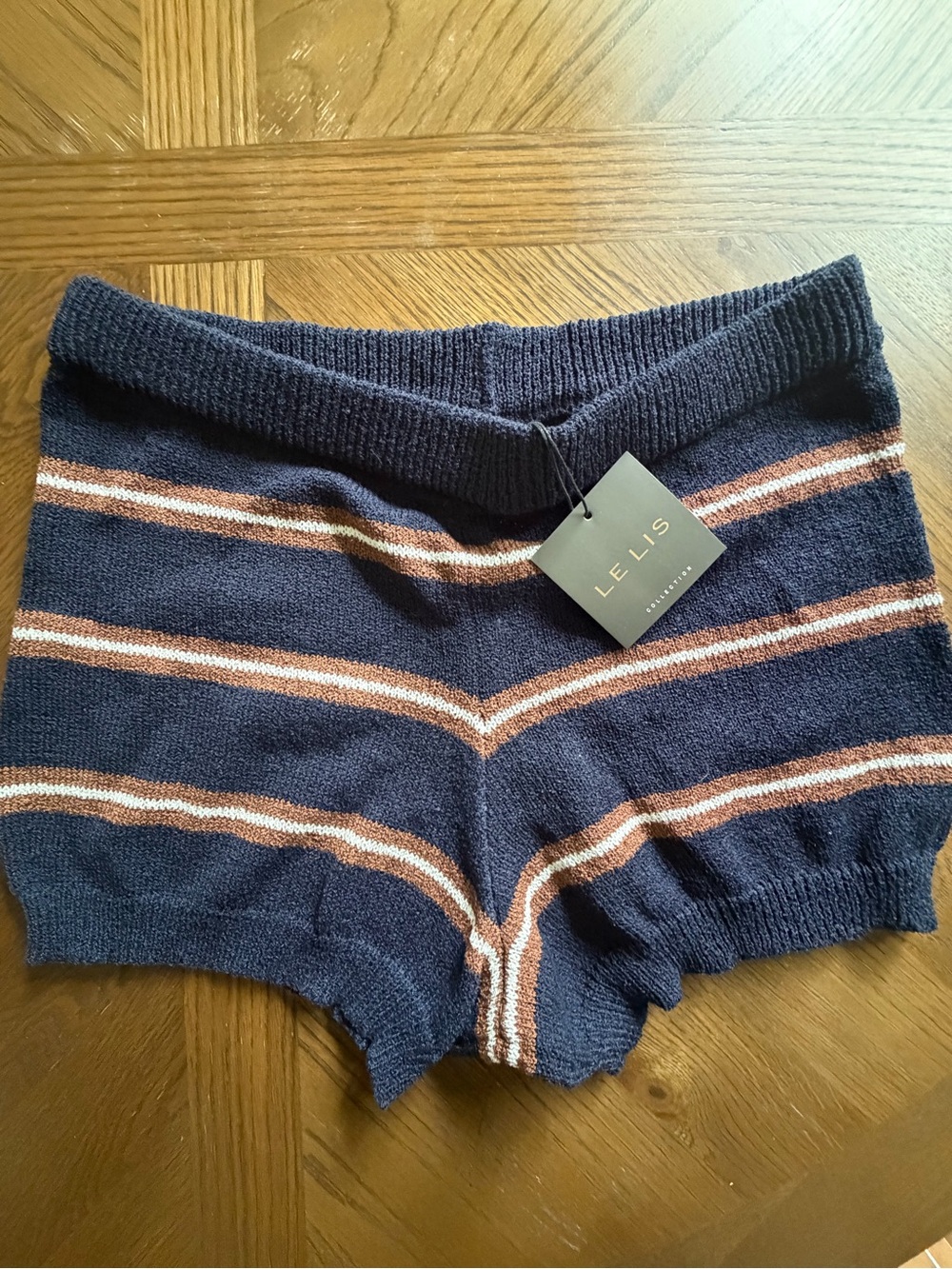 Le Lis Navy Knit Shorts with Brown & White Stripes